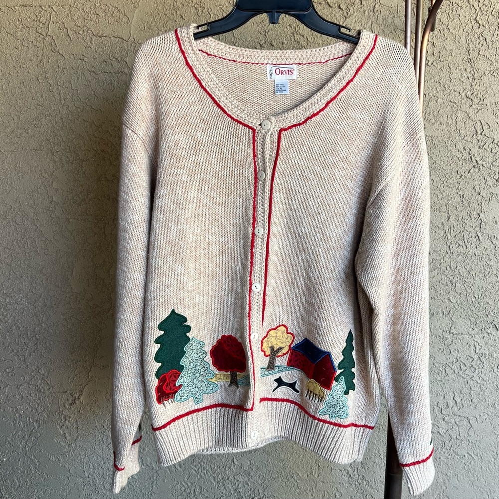 Vintage Orvis Knit Cardigan Country Farm Scene Size XL